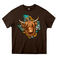 Chocolate Brown Texas map long haired shaggy cow Heavy Core Tee - Jasminsmagicworld