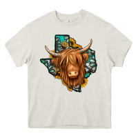 Texas Map Long Haired Shaggy Cow Heavy Core Tee | Teevron