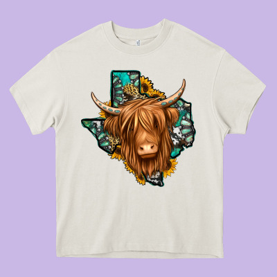 Texas Map Long Haired Shaggy Cow Heavy Core Tee Designed By Jasminsmagicworld