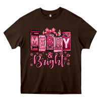 Chocolate Brown merry and bright pink Christmas Heavy Core Tee - Jasminsmagicworld