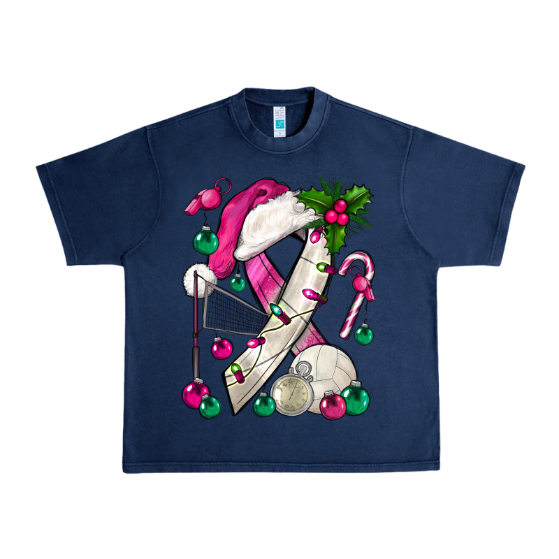 Pink Christmas Breast Cancer Ribbon Volleyball Urban Heavy Tee by BundleAndBundleShop | Teevron