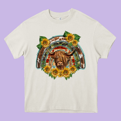 Scottish Calf Sunflowers Rainbow Heavy Core Tee Designed By Barkaloodesign