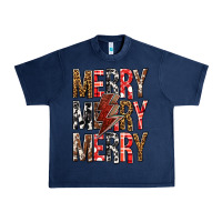 Navy Merry Merry Merry Christmas Lightning Bolt Urban Heavy Tee - BundleAndBundleShop