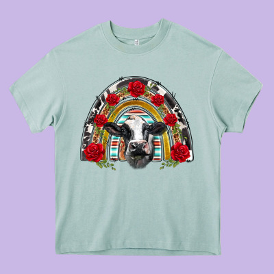 Black And White Baby Cow Floral Rose Rainbow Heavy Core Tee Designed By Barkaloodesign