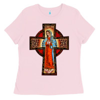 Bubblegum Pink lady of guadalupe leopard cross Ladies Tee - BarkalooDesign