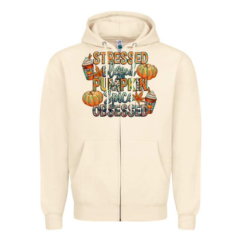 Stressed Blessed Pumpkin Spice Obsessed Zipper Hoodie by CowGirlArtShop | Teevron