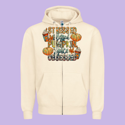 Stressed Blessed Pumpkin Spice Obsessed Zipper Hoodie Designed By Cowgirlartshop