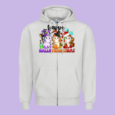 Happy Hallothanksmas Unicorn Zipper Hoodie Designed By Cowgirlartshop