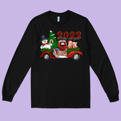 Happy New Year 2022 Christmas Truck With American Flag Long Sleeve Tee Designed By Jasminsmagicworld