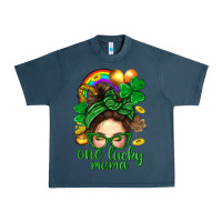 Midnight Navy St. Patrick Messy Bun One Luck Mama With Clover Urban Heavy Tee - BundleAndBundleShop