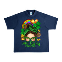 Navy St. Patrick Messy Bun One Luck Mama With Clover Urban Heavy Tee - BundleAndBundleShop