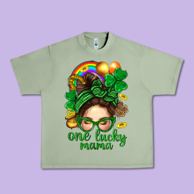 St. Patrick Messy Bun One Luck Mama With Clover Urban Heavy Tee Designed By Bundleandbundleshop