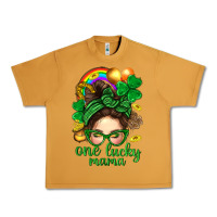 Peanut Butter St. Patrick Messy Bun One Luck Mama With Clover Urban Heavy Tee - BundleAndBundleShop