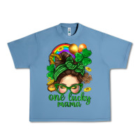 Pebble Blue St. Patrick Messy Bun One Luck Mama With Clover Urban Heavy Tee - BundleAndBundleShop