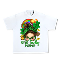 White St. Patrick Messy Bun One Luck Mama With Clover Urban Heavy Tee - BundleAndBundleShop