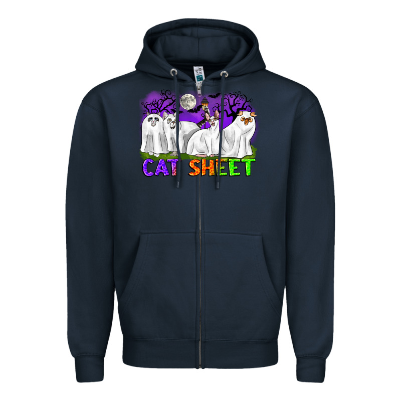 Cat Sheet Ghost Cats Halloween Zipper Hoodie by CowGirlArtShop | Teevron