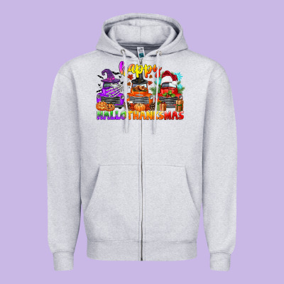 Happy Hallothanksmas Truck Zipper Hoodie Designed By Cowgirlartshop