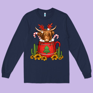Hot Coco Christmas Highland Cow Long Sleeve Tee Designed By Jasminsmagicworld