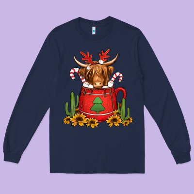 Hot Coco Christmas Highland Cow Long Sleeve Tee Designed By Jasminsmagicworld