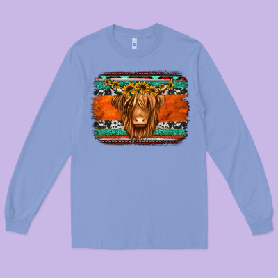 Highland Cow Western Background Long Sleeve Tee Designed By Jasminsmagicworld