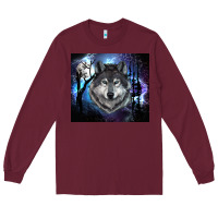 Burgundy wolf and full moon Long Sleeve Tee - RanaPortraitStore
