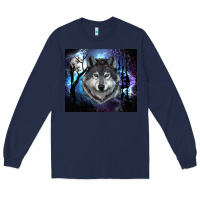 Navy wolf and full moon Long Sleeve Tee - RanaPortraitStore