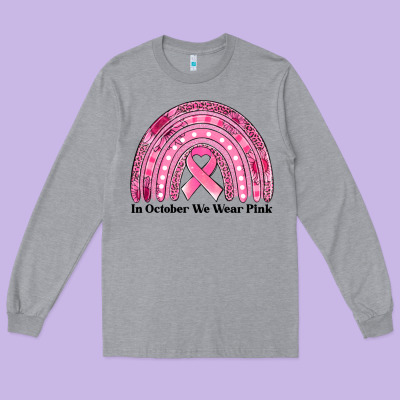 In October We Wear Pink Breast Cancer Awareness Rainbow Long Sleeve Tee Designed By Jasminsmagicworld