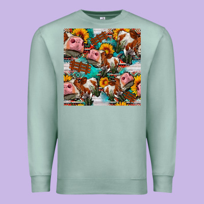 Cow With Aztec And Sunflowers Seamless Pattern Premium Sweatshirt Designed By Fadigitalartstudio