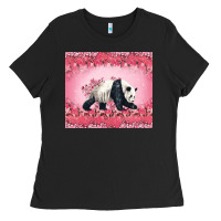 Black Panda With Sakura Blooms Ladies Tee - LillyAllenDesigns