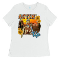 White actinup with cowgirl Ladies Tee - NancyCooperArtShop