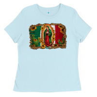 Baby Blue our lady of Guadalupe Mexican flag background Ladies Tee - Jasminsmagicworld