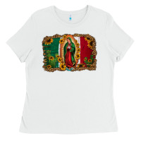 White our lady of Guadalupe Mexican flag background Ladies Tee - Jasminsmagicworld