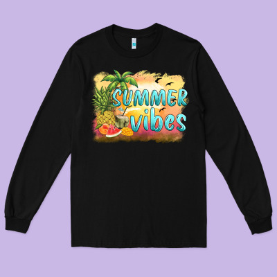 Summer Vibes Sunset And Fruits Long Sleeve Tee Designed By Barkaloodesign