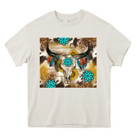 Cream cowhide leopard bull skull gemstone Heavy Core Tee - NancyCooperArtShop