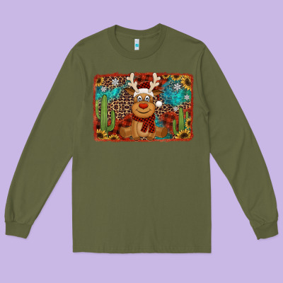Western Christmas Reindeer With Background Long Sleeve Tee Designed By Jasminsmagicworld