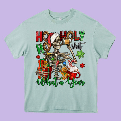 Ho Ho Holy Shit What A Year Christmas Skeleton Heavy Core Tee Designed By Jasminsmagicworld