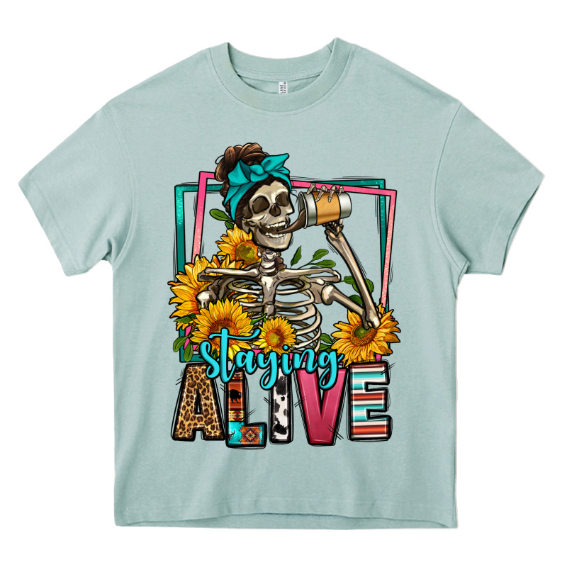 Staying Alive Coffee Drinking Skeleton Heavy Core Tee by Jasminsmagicworld | Teevron