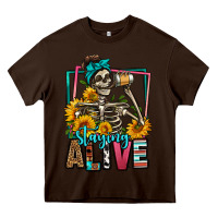 Chocolate Brown staying alive coffee drinking skeleton Heavy Core Tee - Jasminsmagicworld