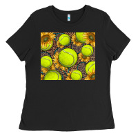 Black tennis ball with sunflower and racket Ladies Tee - BarkalooDesign