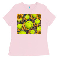 Bubblegum Pink tennis ball with sunflower and racket Ladies Tee - BarkalooDesign