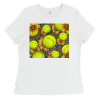 White tennis ball with sunflower and racket Ladies Tee - BarkalooDesign