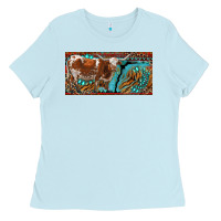 Baby Blue texas longhorn with aztec tiger and  leopard Ladies Tee - RanaPortraitStore
