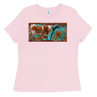 Bubblegum Pink texas longhorn with aztec tiger and  leopard Ladies Tee - RanaPortraitStore