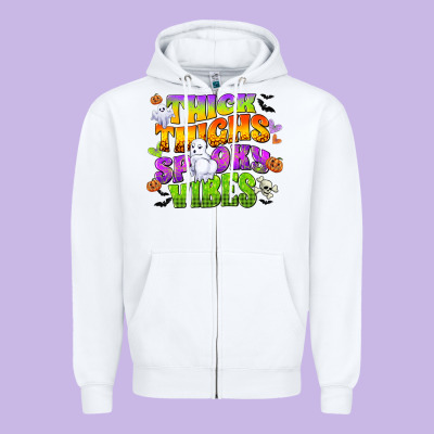 Thick Thighs And Spooky Vibes Zipper Hoodie Designed By Cowgirlartshop