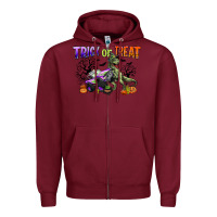 Burgundy trick or treat with monster truck and t rex Zipper Hoodie - CowGirlArtShop