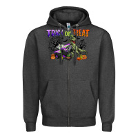 Charcoal Heather trick or treat with monster truck and t rex Zipper Hoodie - CowGirlArtShop