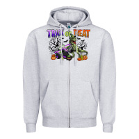 Heather Grey trick or treat with monster truck and t rex Zipper Hoodie - CowGirlArtShop