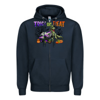 Navy trick or treat with monster truck and t rex Zipper Hoodie - CowGirlArtShop