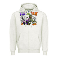 Oatmeal Heather trick or treat with monster truck and t rex Zipper Hoodie - CowGirlArtShop