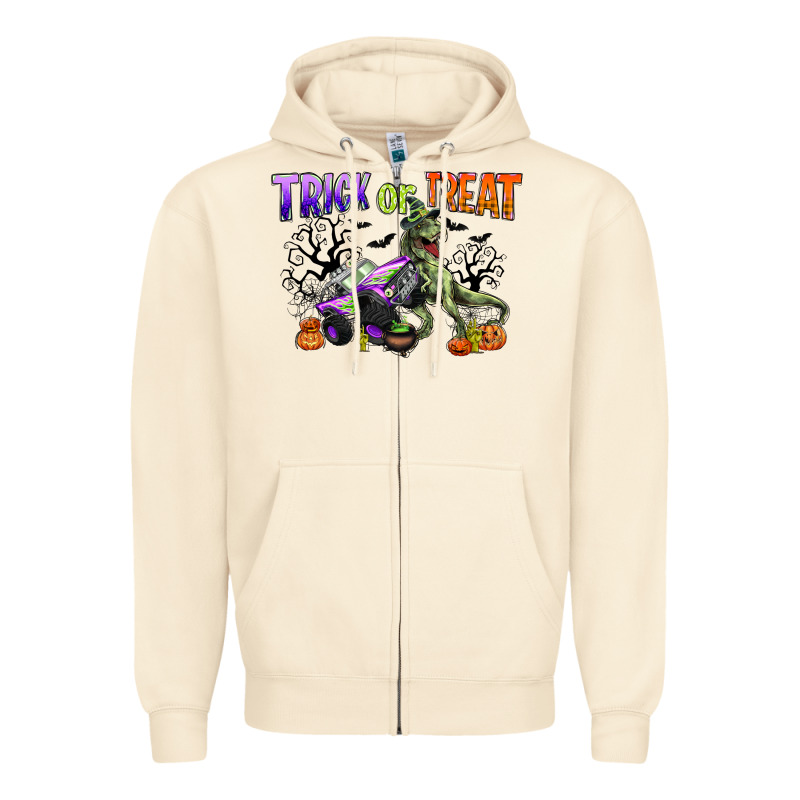 Trick Or Treat With Monster Truck And T Rex Zipper Hoodie by CowGirlArtShop | Teevron
